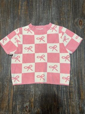 debut Pink and Cream Checker Bow Knit Crop Top